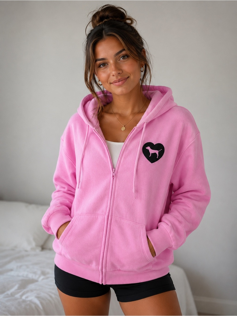 Victoria's Secret PINK Originals Pink Full Zip Hoodie - Heart Dog Patch Size M